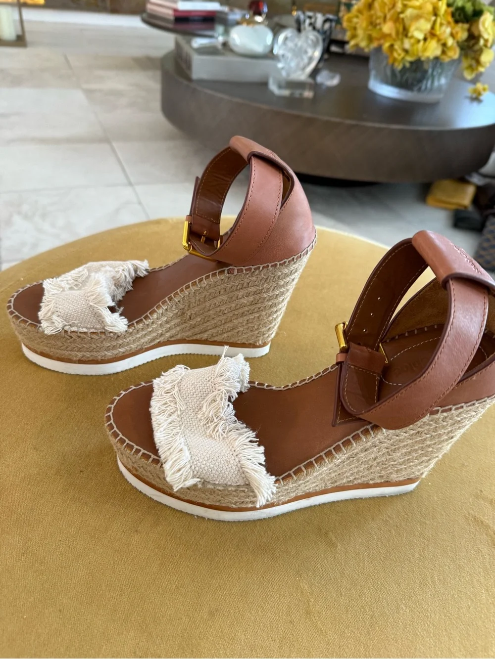 See by Chloé Tan Leather Espadrille Wedge Sandals with Cream Fringed Strap - Picture 3 of 8